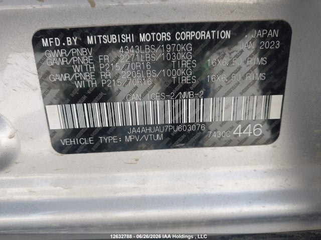 12632788 :رقم المزاد ، JA4AHUAU7PU603076 vin ، 2023 Mitsubishi Rvr Es/se مزاد بيع