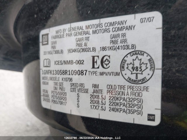 2008 Chevrolet Tahoe K1500 მანქანა იყიდება აუქციონზე, vin: 1GNFK13058R109087, აუქციონის ნომერი: 12632790