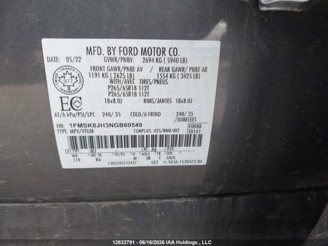 Aukcja sprzedaży 2022 Ford Explorer Timberline, vin: 1FMSK8JH3NGB60549, numer aukcji: 12632791