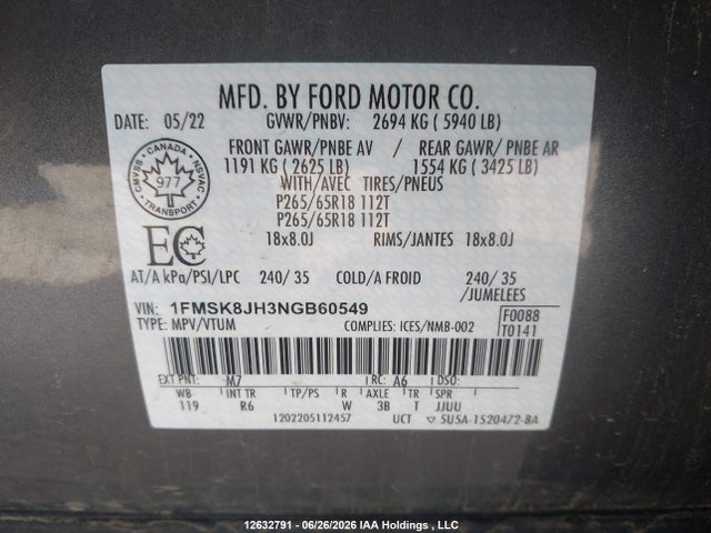 Aukcja sprzedaży 2022 Ford Explorer Timberline, vin: 1FMSK8JH3NGB60549, numer aukcji: 12632791
