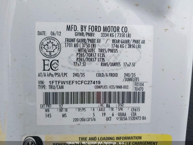 12632792 :رقم المزاد ، 1FTFW1EF1CFC27419 vin ، 2012 Ford F-150 Fx4/king Ranch/lariat/platinum/xlt مزاد بيع