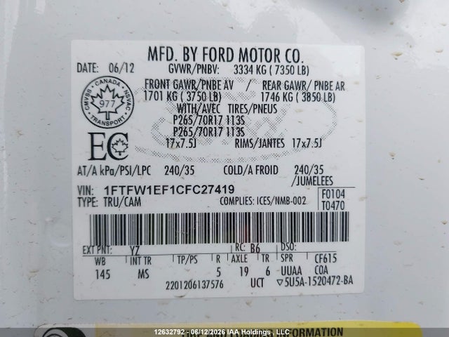 12632792 :رقم المزاد ، 1FTFW1EF1CFC27419 vin ، 2012 Ford F-150 Fx4/king Ranch/lariat/platinum/xlt مزاد بيع