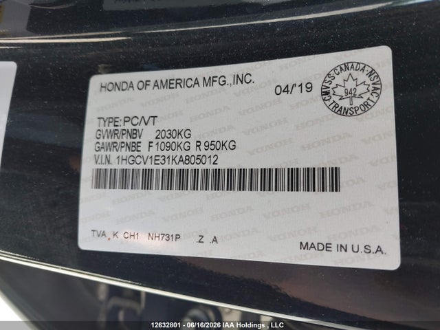 Продаж на аукціоні авто 2019 Honda Accord Sport, vin: 1HGCV1E31KA805012, номер лоту: 12632801