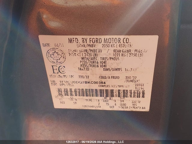 12632817 :رقم المزاد ، 1FMCU0DG7BKC00384 vin ، 2011 Ford Escape Xlt مزاد بيع