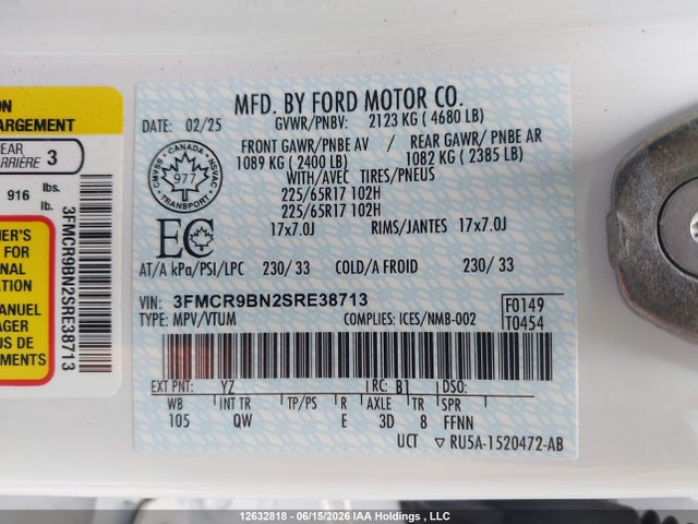 Aukcja sprzedaży 2025 Ford Bronco Sport Big Bend, vin: 3FMCR9BN2SRE38713, numer aukcji: 12632818