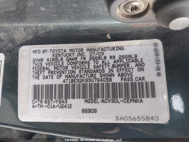 Продаж на аукціоні авто 2003 Toyota Camry Le, vin: 4T1BE32K93U764058, номер лоту: 12632825