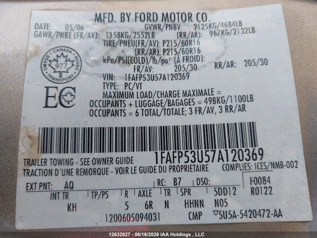 12632827 :رقم المزاد ، 1FAFP53U57A120369 vin ، 2007 Ford Taurus Se مزاد بيع
