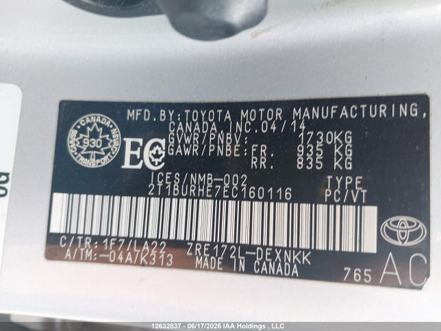 Продаж на аукціоні авто 2014 Toyota Corolla L/le/le Pls/prm/s/s Pls, vin: 2T1BURHE7EC160116, номер лоту: 12632837