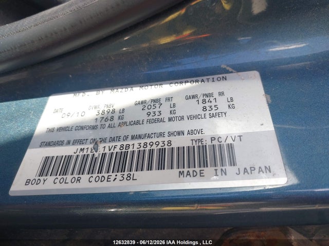 2011 Mazda Mazda3 Gs მანქანა იყიდება აუქციონზე, vin: JM1BL1VF8B1389938, აუქციონის ნომერი: 12632839