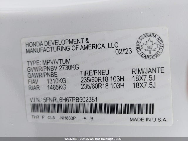 Продаж на аукціоні авто 2023 Honda Odyssey Ex-l, vin: 5FNRL6H67PB502381, номер лоту: 12632846