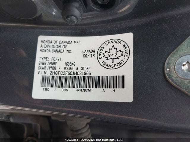 Honda CIVIC SE 2018 2HGFC2F60JH031966 Image 9
