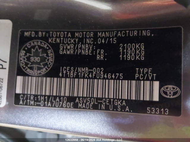Aukcja sprzedaży 2015 Toyota Camry Le/xle/se/xse, vin: 4T1BF1FK4FU946475, numer aukcji: 12632858