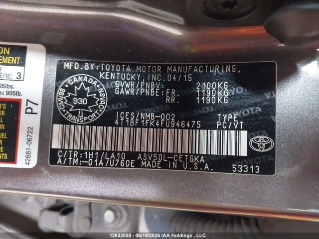 Aukcja sprzedaży 2015 Toyota Camry Le/xle/se/xse, vin: 4T1BF1FK4FU946475, numer aukcji: 12632858