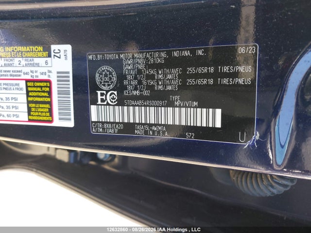 5TDAAAB54RS000917 Toyota Grand Highlander Xle/limited/platinum