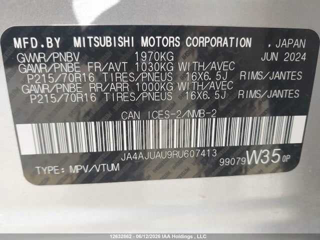 12632862 :رقم المزاد ، JA4AJUAU9RU607413 vin ، 2024 Mitsubishi Rvr Es مزاد بيع