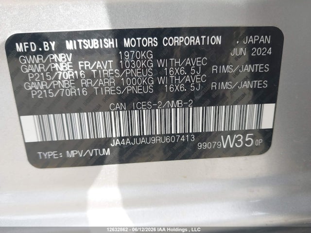 12632862 :رقم المزاد ، JA4AJUAU9RU607413 vin ، 2024 Mitsubishi Rvr Es مزاد بيع