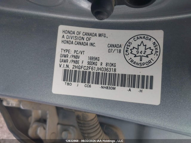 2018 Honda Civic Se მანქანა იყიდება აუქციონზე, vin: 2HGFC2F61JH036318, აუქციონის ნომერი: 12632868
