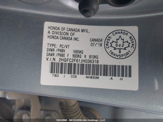 2018 Honda Civic Se მანქანა იყიდება აუქციონზე, vin: 2HGFC2F61JH036318, აუქციონის ნომერი: 12632868