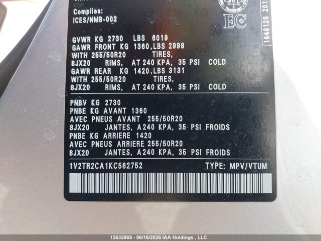 12632869 :رقم المزاد ، 1V2TR2CA1KC562752 vin ، 2019 Volkswagen Atlas 3.6 Fsi Execline مزاد بيع