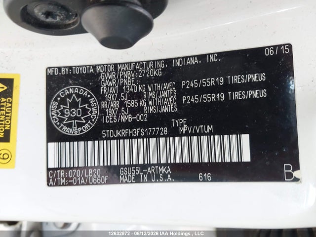 Продаж на аукціоні авто 2015 Toyota Highlander Xle, vin: 5TDJKRFH3FS177728, номер лоту: 12632872