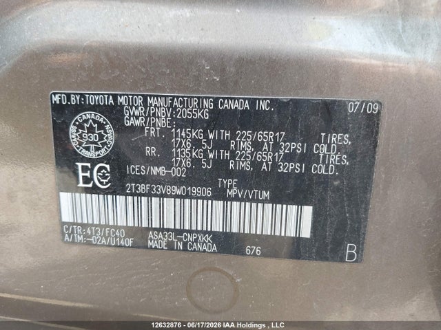 2009 Toyota Rav4 მანქანა იყიდება აუქციონზე, vin: 2T3BF33V89W019906, აუქციონის ნომერი: 12632876