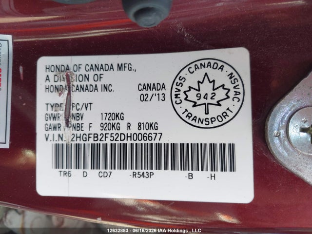 12632883 :رقم المزاد ، 2HGFB2F52DH006677 vin ، 2013 Honda Civic Lx مزاد بيع
