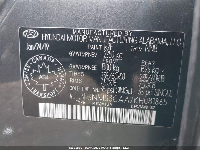 Продаж на аукціоні авто 2019 Hyundai Santa Fe Luxury, vin: 5NMS3CAA7KH081865, номер лоту: 12632886