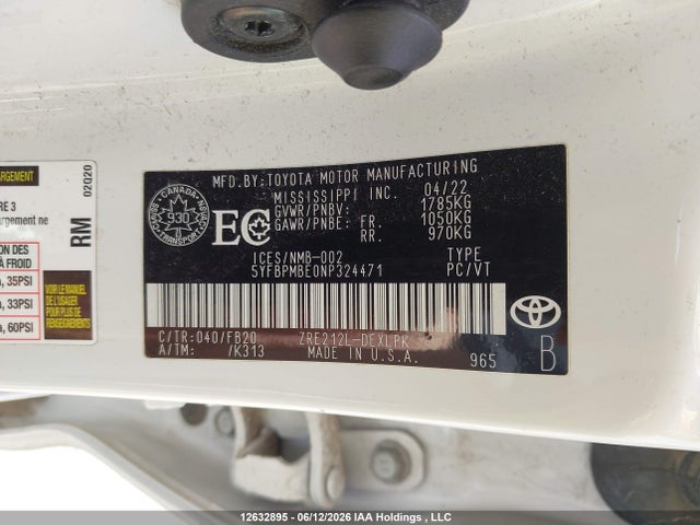 Aukcja sprzedaży 2022 Toyota Corolla, vin: 5YFBPMBE0NP324471, numer aukcji: 12632895
