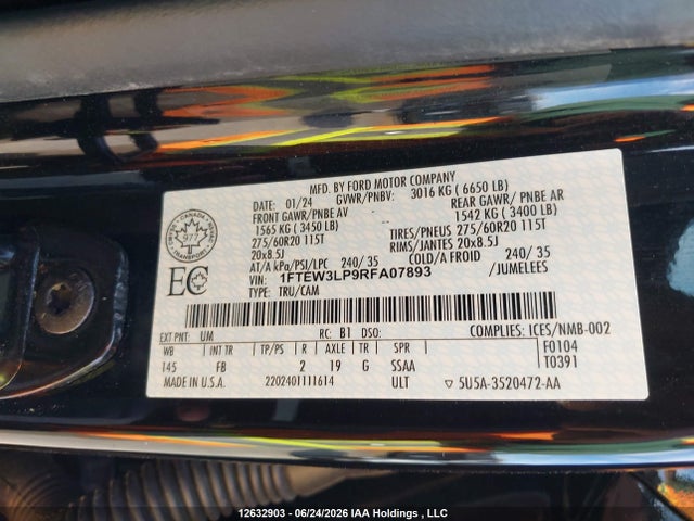 2024 Ford F-150 მანქანა იყიდება აუქციონზე, vin: 1FTEW3LP9RFA07893, აუქციონის ნომერი: 12632903
