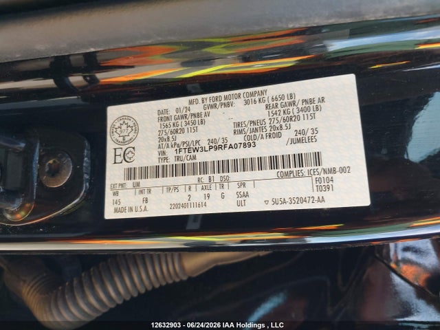 2024 Ford F-150 მანქანა იყიდება აუქციონზე, vin: 1FTEW3LP9RFA07893, აუქციონის ნომერი: 12632903