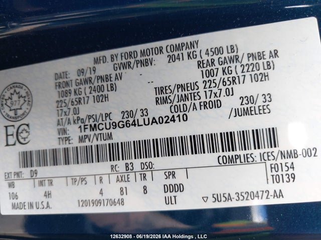 Ford ESCAPE SE 2020 1FMCU9G64LUA02410 Image 9
