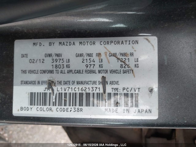 Aukcja sprzedaży 2012 Mazda Mazda3 Gs-sky, vin: JM1BL1V71C1621371, numer aukcji: 12632915