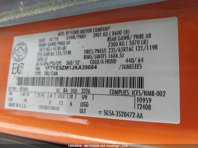 2018 Ford Transit T-150 მანქანა იყიდება აუქციონზე, vin: 1FTYE9ZM1JKA39684, აუქციონის ნომერი: 12632916