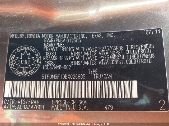 2011 Toyota Tundra Sr5 4.6l V8 მანქანა იყიდება აუქციონზე, vin: 5TFUM5F19BX026805, აუქციონის ნომერი: 12632922