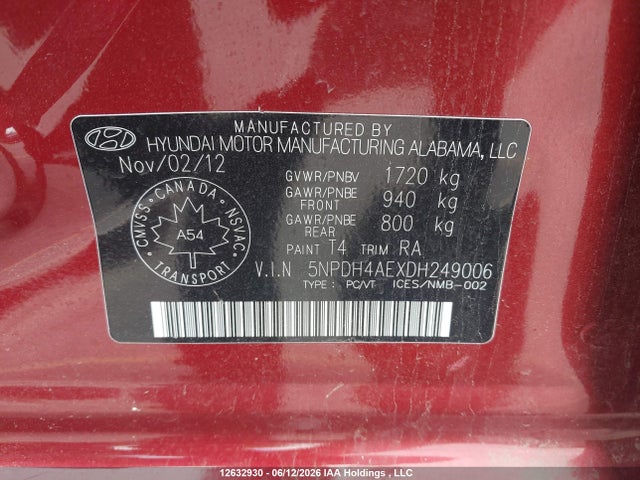 12632930 :رقم المزاد ، 5NPDH4AEXDH249006 vin ، 2013 Hyundai Elantra مزاد بيع