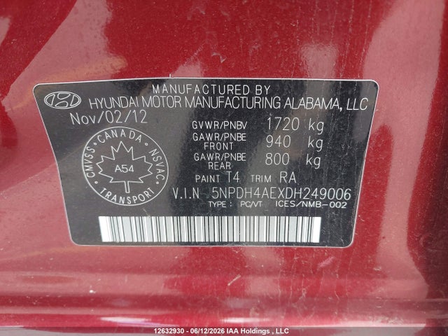 12632930 :رقم المزاد ، 5NPDH4AEXDH249006 vin ، 2013 Hyundai Elantra مزاد بيع