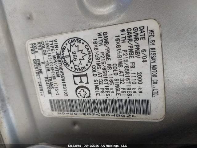Aukcja sprzedaży 2005 Nissan X-trail Xe/se, vin: JN8BT08V55W103102, numer aukcji: 12632945