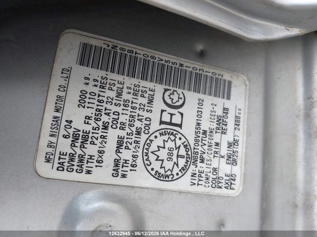 Aukcja sprzedaży 2005 Nissan X-trail Xe/se, vin: JN8BT08V55W103102, numer aukcji: 12632945