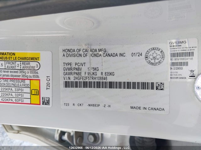 Продаж на аукціоні авто 2024 Honda Civic Sport, vin: 2HGFE2F57RH108846, номер лоту: 12632966
