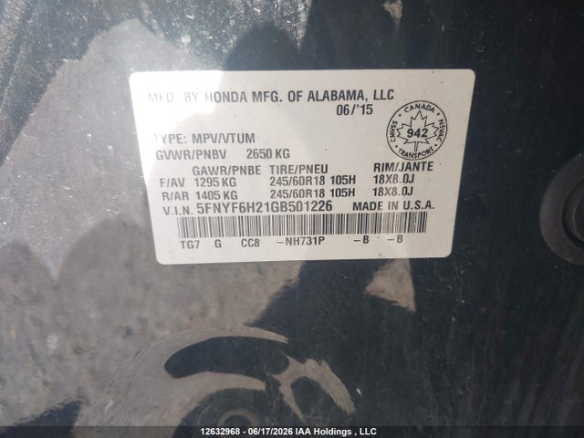 Honda Pilot 2016 5FNYF6H21GB501226 Image 9