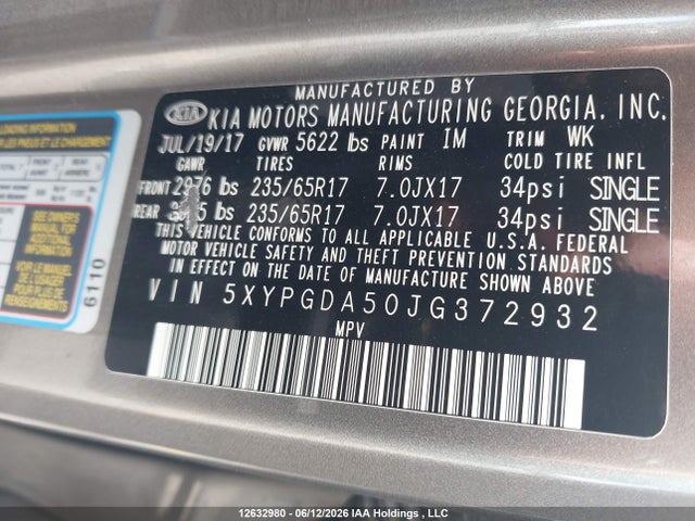 2018 Kia Sorento 3.3l Lx მანქანა იყიდება აუქციონზე, vin: 5XYPGDA50JG372932, აუქციონის ნომერი: 12632980