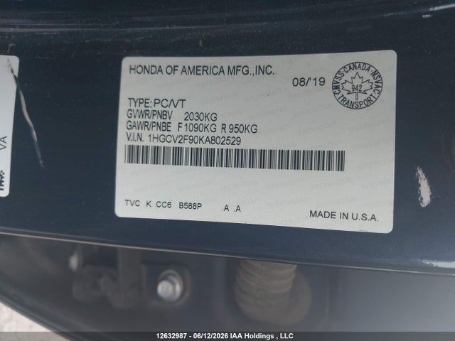 Honda Accord 2019 1HGCV2F90KA802529 Image 9