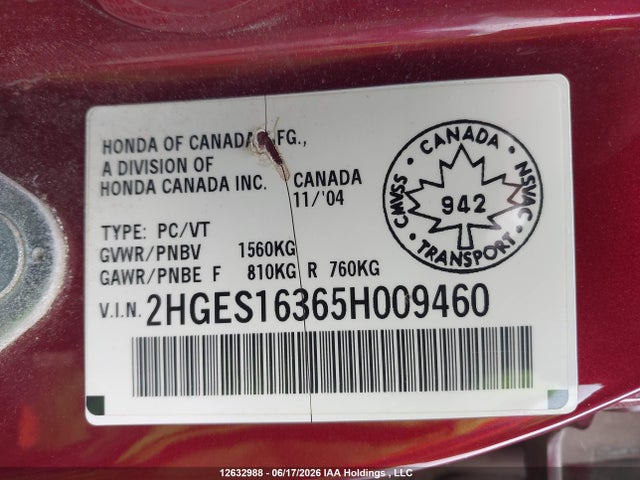 2005 Honda Civic Se მანქანა იყიდება აუქციონზე, vin: 2HGES16365H009460, აუქციონის ნომერი: 12632988