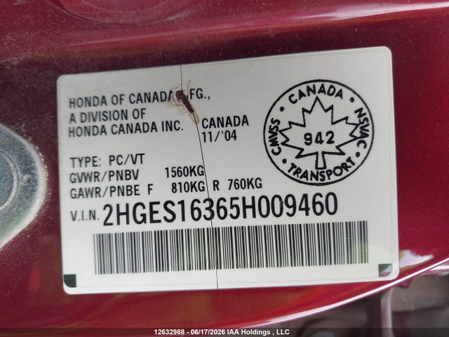 2005 Honda Civic Se მანქანა იყიდება აუქციონზე, vin: 2HGES16365H009460, აუქციონის ნომერი: 12632988