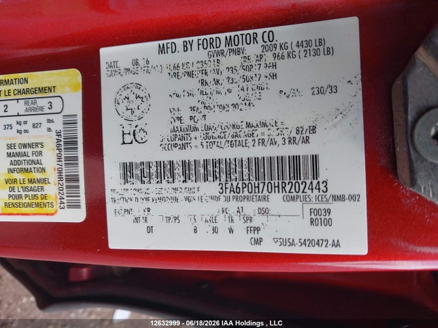 Ford FUSION SE 2017 3FA6P0H70HR202443 Image 9