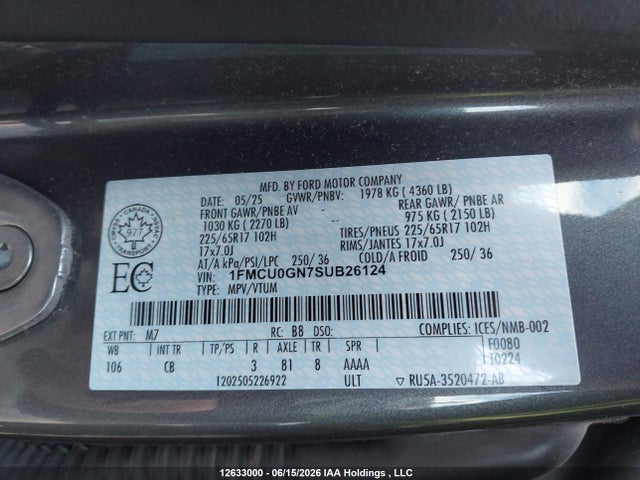 2025 Ford Escape მანქანა იყიდება აუქციონზე, vin: 1FMCU0GN7SUB26124, აუქციონის ნომერი: 12633000