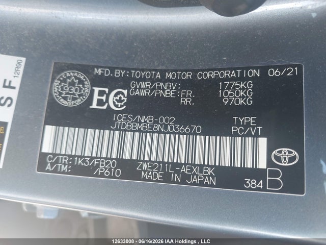 2022 Toyota Corolla Hybrid Base W/li Battery მანქანა იყიდება აუქციონზე, vin: JTDBBMBE8NJ036670, აუქციონის ნომერი: 12633008