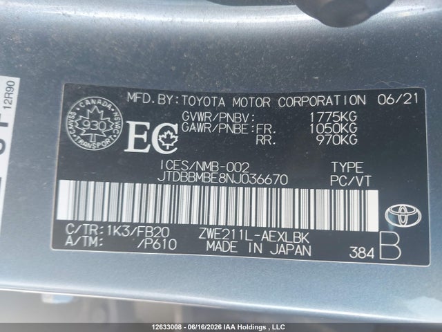 2022 Toyota Corolla Hybrid Base W/li Battery მანქანა იყიდება აუქციონზე, vin: JTDBBMBE8NJ036670, აუქციონის ნომერი: 12633008