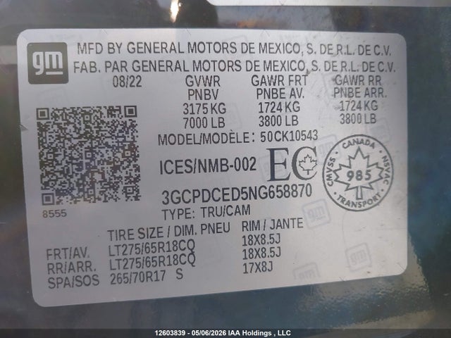 Продаж на аукціоні авто 2022 Chevrolet Silverado 1500 Custom Trail Boss, vin: 3GCPDCED5NG658870, номер лоту: 12603839