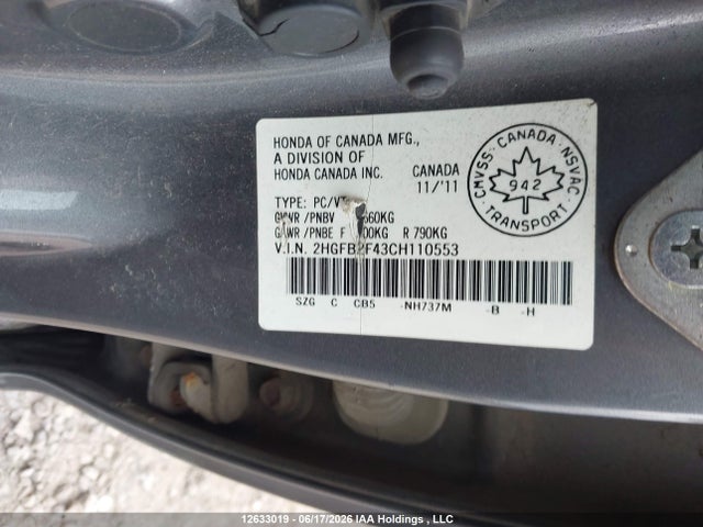 2012 Honda Civic Lx მანქანა იყიდება აუქციონზე, vin: 2HGFB2F43CH110553, აუქციონის ნომერი: 12633019